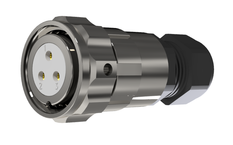 CONNECTOR MULTICONTACT AERIAL PLUG FEMALE SOLDER SIZE-20 3 PINS 25A CLAMP TYPE B CABLE Ø 7mm-13mm. NICKEL IP68
