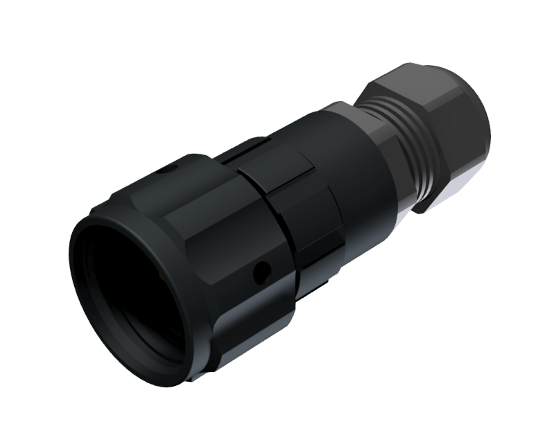Multicontact aerial straight plug connector with male solder in size 20 with 3 pins of 25A and clamp for type A cable of Ø 5mm-10mm in black anodised with IP68