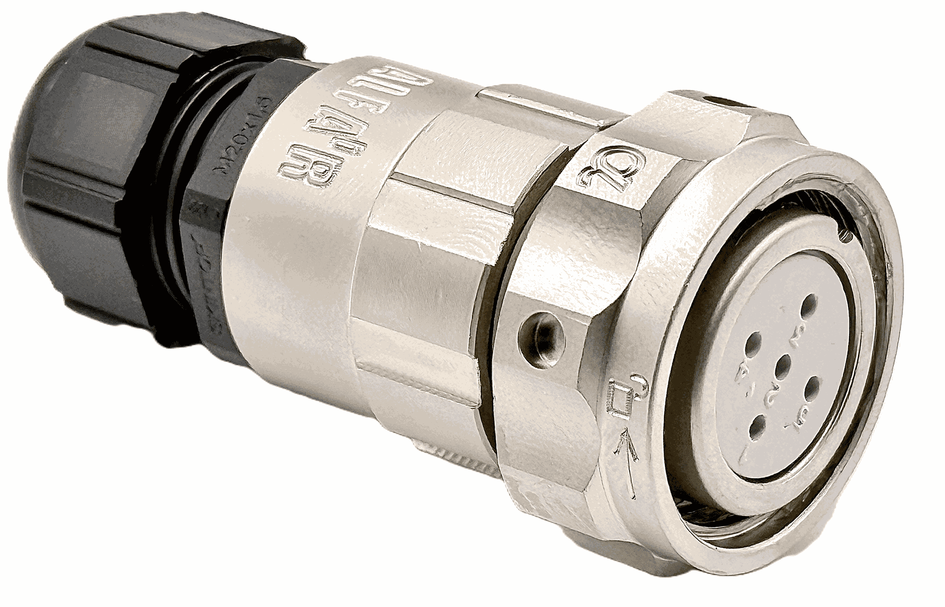 Multicontact aerial connector with female solder contacts in size 20 with 5 pins of 10A and clamp type B for cable Ø 7mm-13mm in nickel with IP68