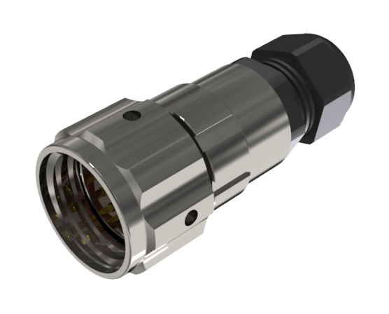 Conector multicontacto aéreo macho para soldar de tamaño 20 con 6 pines de 10A / 25A, prensa estopas tipo B para cable de Ø 7mm-13mm, níquel IP68