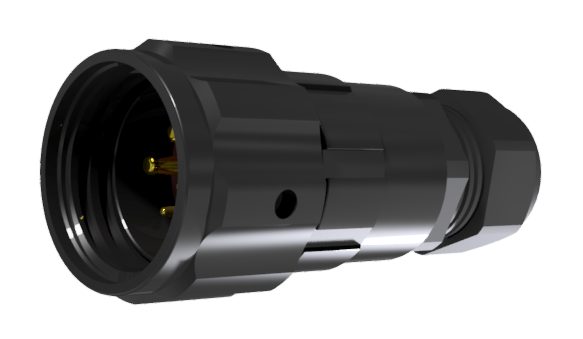 Conector multicontacto aéreo macho para soldar de tamaño 20 con 6 pines de 10A / 25A y prensa estopas tipo B para cable Ø 7mm-13mm en anodizado negro IP68