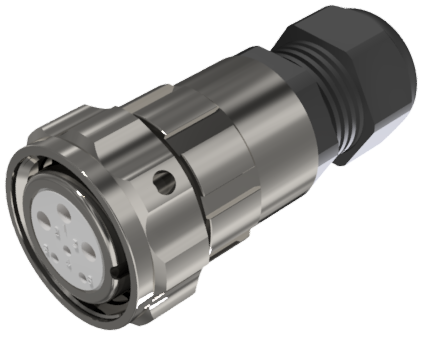Conector multicontacto aéreo hembra para soldar de tamaño 20 con 6 pines de 10A / 25A, prensa estopas tipo B para cable de Ø 7mm-13mm en níquel IP68