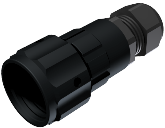 Conector multicontacto tipo ficha aérea macho para soldar tamaño 20 con 7 pines 10A y prensa estopas tipo A para cable Ø 5mm-10mm, anodizado negro IP68