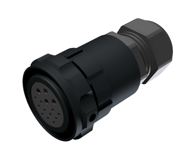 CONNECTOR MULTICONTACT AERIAL PLUG FEMALE SOLDER SIZE-30 15 PINS 10A / 25A CLAMP TYPE B CABLE Ø 7mm-15mm BLACK ANODISED IP68