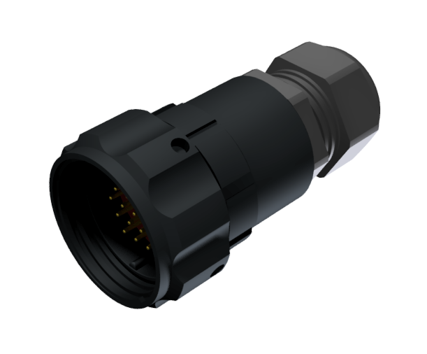 CONNECTOR MULTICONTACT AERIAL PLUG MALE SOLDER SIZE-30 19 PINS 10A CLAMP TYPE B CABLE Ø 7mm-15mm BLACK ANODISED IP68
