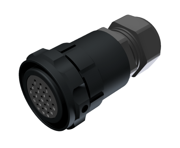 CONNECTOR MULTICONTACT AERIAL PLUG FEMALE SOLDER SIZE-30 19 PINS 10A CLAMP TYPE B CABLE Ø 7mm-15mm BLACK ANODISED IP68