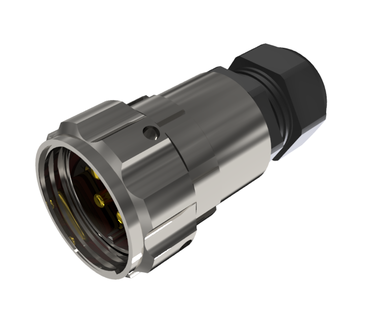 Conector multicontacto tipo ficha aérea, macho para soldar, tamaño 30, de 4 pines y 50A, con prensa estopas tipo B para cable Ø 7mm-15mm, en níquel, IP68