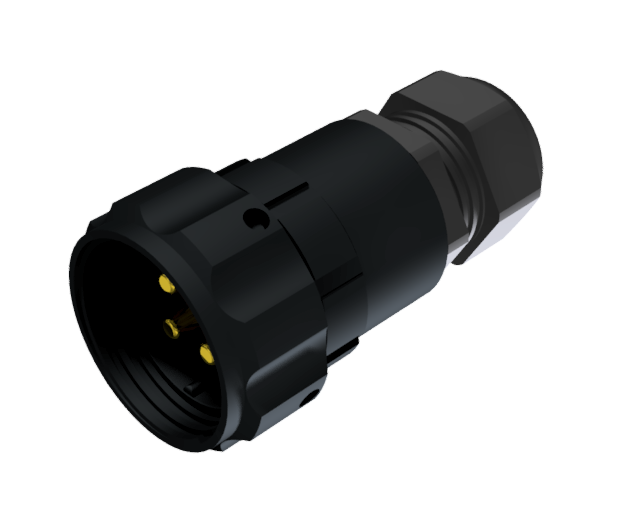 Conector multicontacto aéreo de tipo ficha macho para soldar de tamaño 30 con 4 pines de 50A y prensa estopas tipo B para cable de Ø 7mm-15mm en anodizado negro con IP68