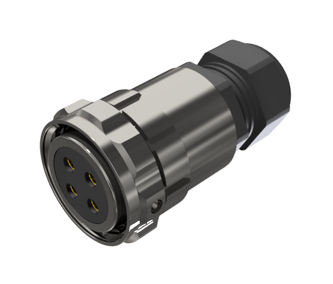 Conector aéreo de tipo ficha multicontacto hembra para soldar de tamaño 30 con 4 pines de 50A y prensa estopas tipo B para cable de Ø 7mm-15mm en níquel con IP68