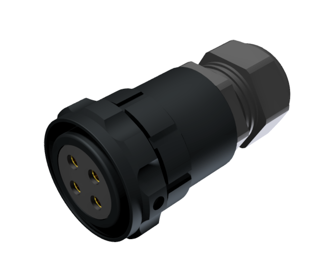Multicontact aerial plug connector with female solder contacts in size 30 with 4 pins of 50A and clamp type B for cable Ø 7mm-15mm in black anodised with IP68