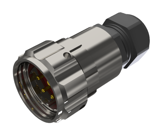 Conector multicontacto aéreo macho para soldar de tamaño-30, con 7 pines de 25A / 50A, prensa estopas tipo B para cable Ø 7mm-15mm, en níquel e IP68