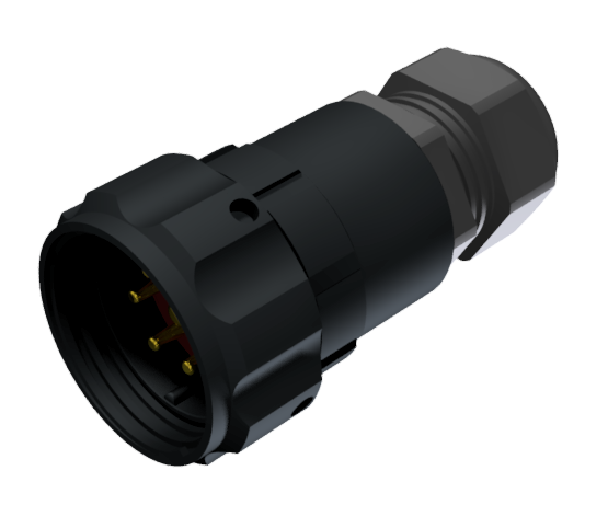 Conector multicontacto aéreo macho para soldar de tamaño 30 con 7 pines de 25A / 50A, prensa estopas tipo B para cable de Ø 7mm-15mm, negro anodizado IP68