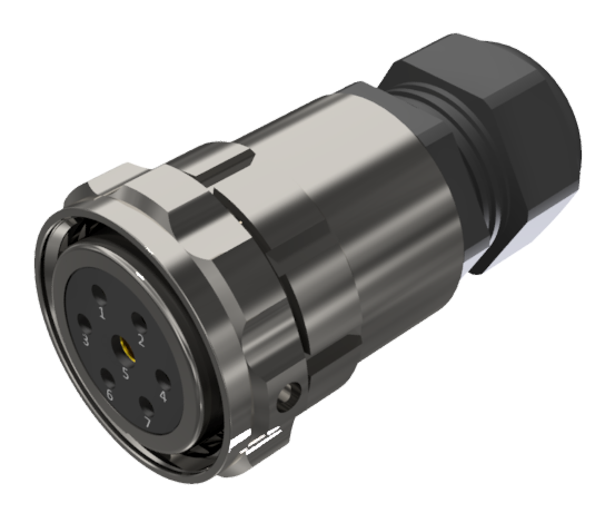 Conector aéreo multicontacto hembra para soldar, tamaño 30, con 7 pines de 25A / 50A, prensa estopas tipo B para cable de Ø 7mm-15mm, níquel, IP68