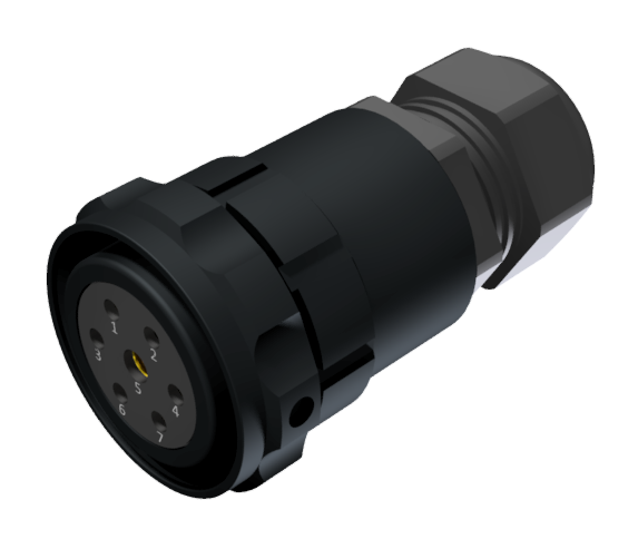 Multicontact aerial plug connector, female, solder, size-30, 7 pins 25A / 50A, clamp type B for cable Ø 7mm-15mm, black anodised, IP68