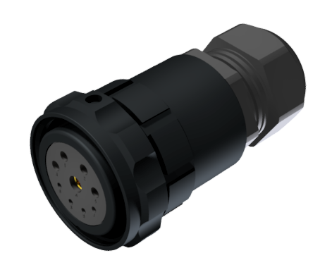 Multicontact aerial female plug connector for solder, size-30 with 9 pins of 10A / 25A / 50A, clamp type C for cable Ø 11mm-21mm, black anodised, IP68