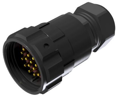 Conector multicontacto aéreo macho para soldar, tamaño-40, 8 pines 25A / 50A, prensa estopas tipo A para cable Ø 11mm-23mm, anodizado negro, IP68