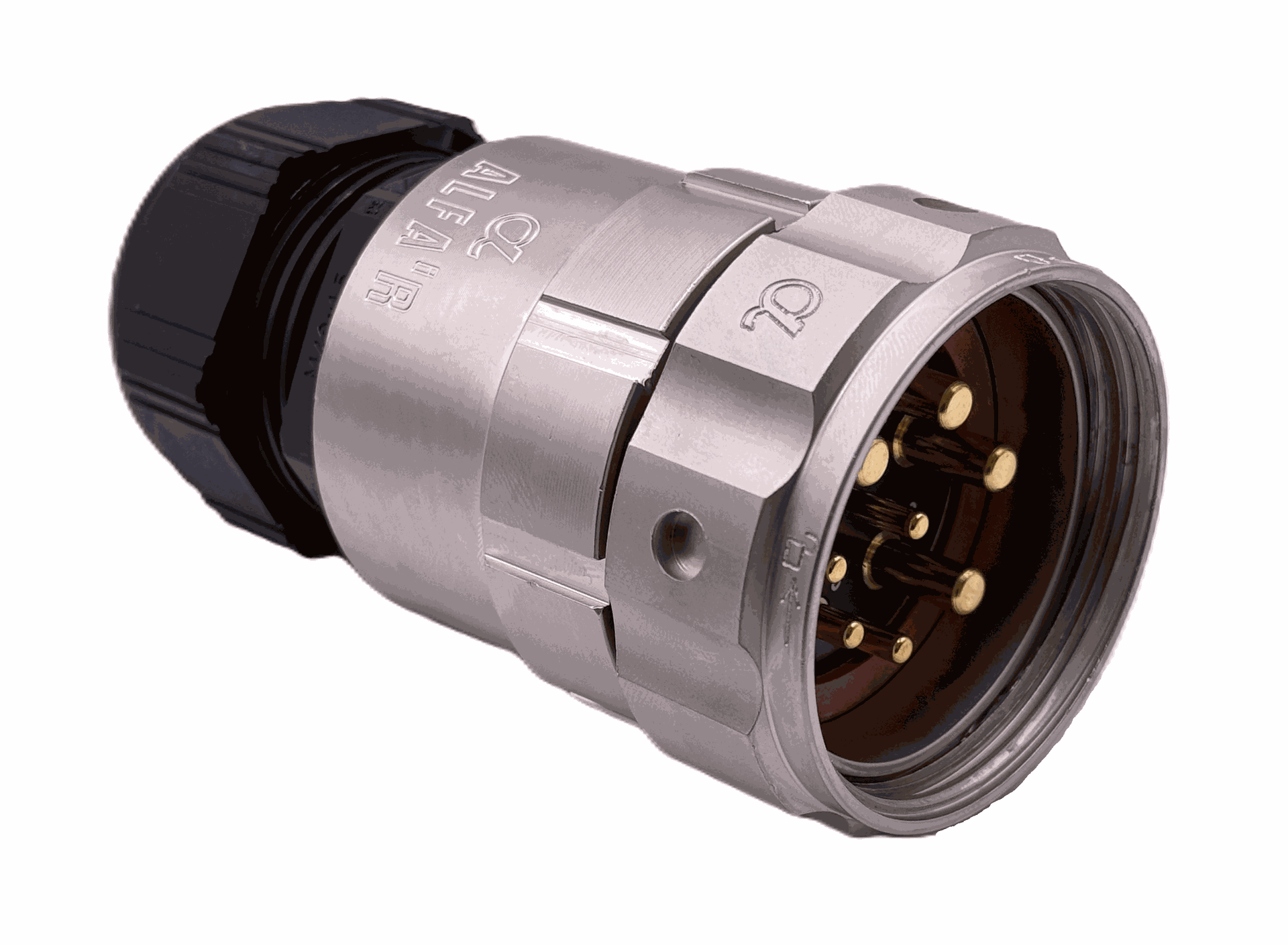 Conector multicontacto tipo ficha aérea macho para soldar, tamaño 40 con 8 pines de 25A / 50A, prensa estopas tipo B para cable de Ø 19mm-28mm, níquel e IP68