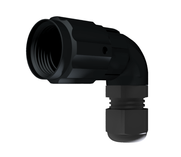 Conector multicontacto aéreo en codo macho para soldar de tamaño 10 con 3 pines, 10A, prensa estopas tipo D para cable de Ø 4.5mm-10mm en negro anodizado con IP68