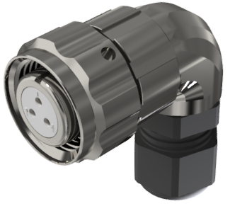 Conector multicontacto aéreo en codo con contactos hembra para soldar, tamaño 10, 3 pines, 10A, prensa estopas tipo D para cable Ø 4.5mm-10mm, níquel, IP68