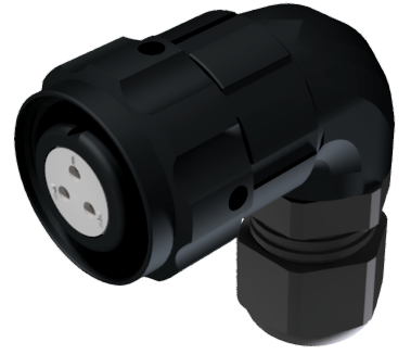 Conector multicontacto aéreo en codo con contactos hembra para soldar, tamaño-10, 3 pines, 10A, prensa estopas tipo D para cable de Ø 4.5mm-10mm, anodizado negro, IP68
