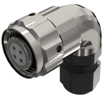 Conector multicontacto aéreo de codo hembra para soldar de tamaño 10 con 4 pines de 10A y prensa estopas tipo D para cable de Ø 4,5mm-10mm en níquel con IP68
