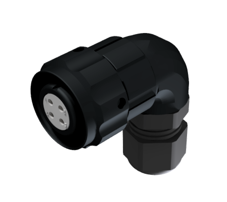 CONNECTOR MULTICONTACT AERIAL PLUG RIGHT ANGLE FEMALE SOLDER SIZE-10 4 PINS 10A CLAMP TYPE D CABLE Ø 4,5mm-10mm. BLACK ANODISED IP68