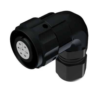 CONNECTOR MULTICONTACT AERIAL PLUG RIGHT ANGLE MALE SOLDER SIZE-10 7 PINS 7.5A CLAMP TYPE D CABLE Ø 4.5mm-10mm BLACK ANODISED IP68