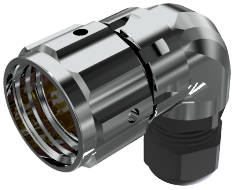 Conector multicontacto aéreo en codo macho para soldar, tamaño 20, con 10 pines de 10A, prensa estopas tipo B para cable Ø 7mm-13mm, níquel, IP68