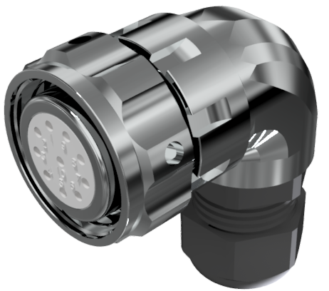 Conector multicontacto aéreo en codo hembra para soldar tamaño-20 con 10 pines 10A, prensa estopas tipo B para cable Ø 7mm-13mm en niquel IP68