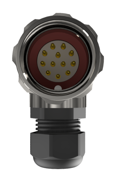 Conector multicontacto aéreo en codo macho para soldar, tamaño 20, 12 pines 10A, con prensa estopas tipo B para cable Ø 7mm-13mm, níquel, IP68