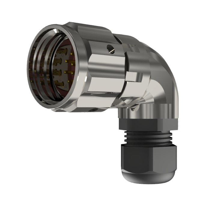 Multicontact right angled aerial plug connector with male solder contacts in size 20 with 13 pins of 10A and clamp type B for cable Ø 7mm-13mm in nickel with IP68