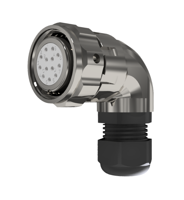 Conector multicontacto de ficha aérea en codo con contactos hembra para soldar de tamaño 20, 13 pines, 10A, prensa estopas tipo B para cable Ø 7mm-13mm, níquel e IP68