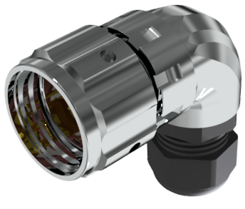 Conector multicontacto aéreo en codo macho para soldar, tamaño 20 con 5 pines 10A / 25A y prensa estopas tipo B para cable Ø 7mm-13mm en níquel IP68