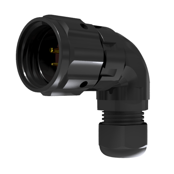 Conector multicontacto aéreo en codo macho para soldar, tamaño 20, de 5 pines 10A / 25A, con prensa estopas tipo B para cable Ø 7mm-13mm, anodizado negro, IP68