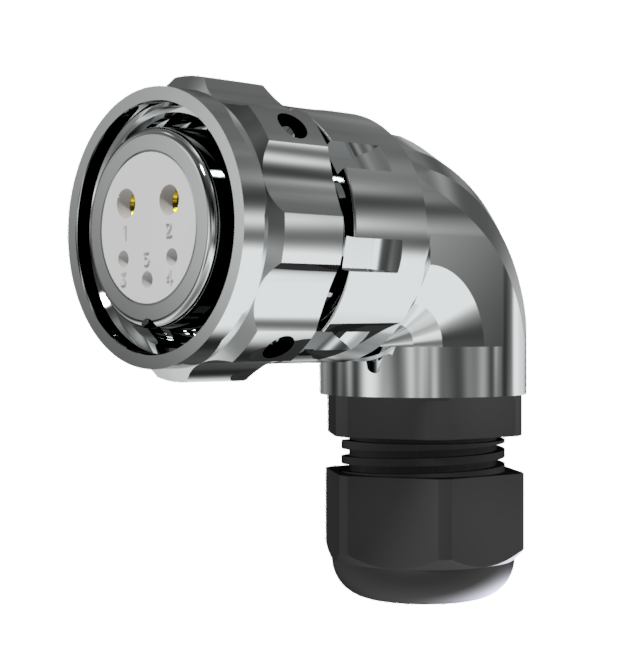 CONNECTOR MULTICONTACT AERIAL PLUG RIGHT ANGLE FEMALE SOLDER SIZE-20 5 PINS 10A / 25A CLAMP TYPE B CABLE Ø 7mm-13mm NICKEL IP68