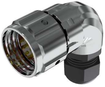 Conector multicontacto aéreo en codo macho para soldar, tamaño-20, 6 pines 10A / 25A, prensa estopas tipo B para cable Ø 7mm-13mm, níquel, IP68