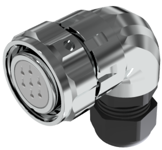 Conector multicontacto aéreo en codo hembra para soldar, tamaño-20, de 7 pines 10A con prensa estopas tipo B para cable Ø 7mm-13mm, níquel, IP68