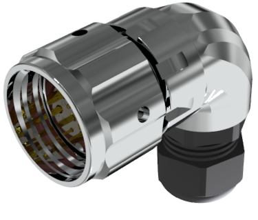 Conector multicontacto aéreo en codo macho para soldar de tamaño 20 con 7 pines de 10A / 25A, prensa estopas tipo B para cable de Ø 7mm-13mm en níquel IP68