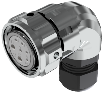 Conector multicontacto aéreo en codo hembra para soldar de tamaño-20 con 7 pines 10A / 25A, prensa estopas tipo B para cable Ø 7mm-13mm, niquel e IP68