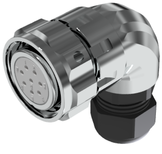 Conector multicontacto aéreo en codo hembra para soldar, tamaño-20 con 8 pines 10A, prensa estopas tipo B para cable Ø 7mm-13mm, níquel e IP68