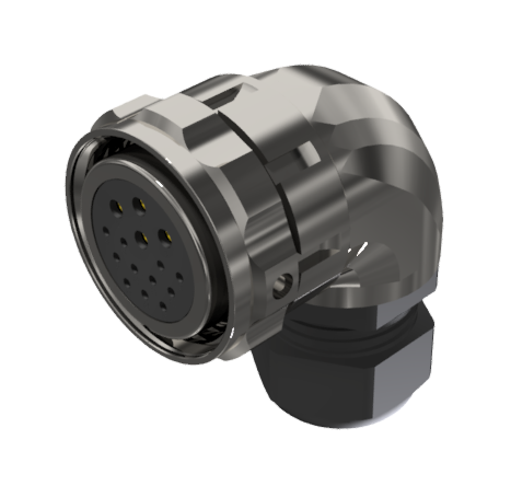 CONNECTOR MULTICONTACT AERIAL PLUG RIGHT ANGLE FEMALE SOLDER SIZE-30 15 PINS 10A / 25A CLAMP TYPE B CABLE Ø 7mm-15mm NICKEL IP68