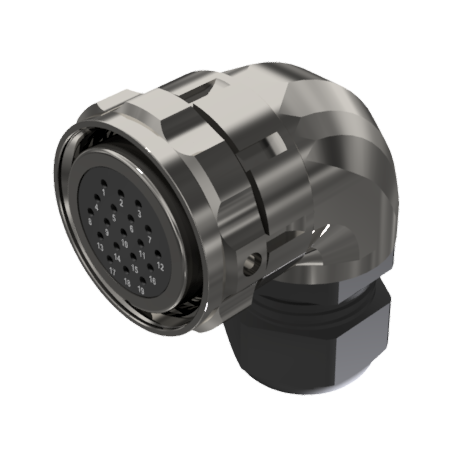 CONNECTOR MULTICONTACT AERIAL PLUG RIGHT ANGLE FEMALE SOLDER SIZE-30 19 PINS 10A CLAMP TYPE B CABLE Ø 7mm-15mm NICKEL IP68