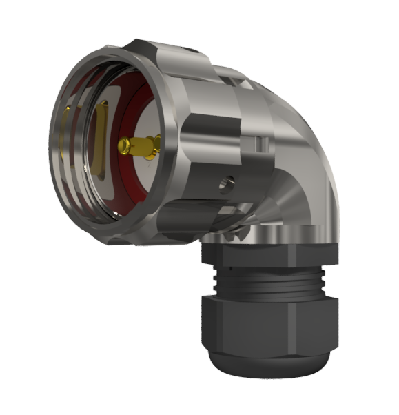 CONNECTOR MULTICONTACT AERIAL PLUG RIGHT ANGLE MALE SOLDER SIZE-30 2 PINS 50A CLAMP TYPE B CABLE Ø 7mm-15mm NICKEL IP68