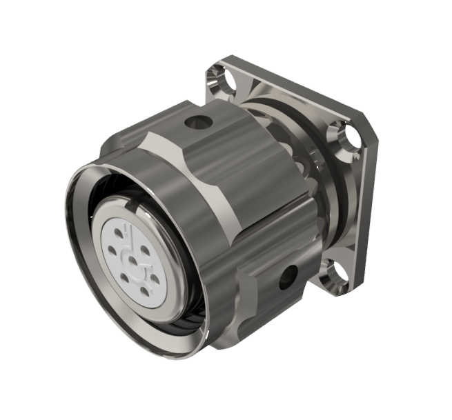 Conector multicontacto de base con racor y hembra para soldar de tamaño 10 con 7 pines y 7.5A en niquel con IP68