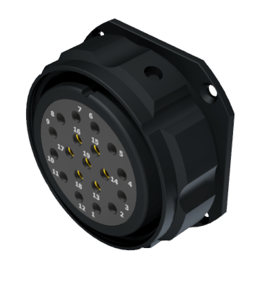 Conector multicontacto de base con racor, hembra para soldar y sin divisiones, tamaño-40, 19 pines 25A, anodizado negro IP68
