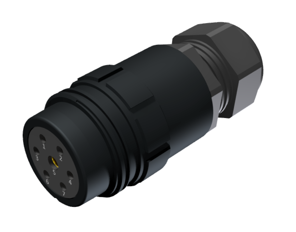 Conector multicontacto prolongador aéreo hembra para soldar con retenedor aislante y rabillo de toma de masa, tamaño 30, 7 pines 25A / 50A, prensaestopas tipo C para cable Ø 11mm-21mm, anodizado negro, IP68
