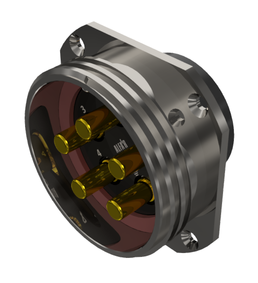 Conector multicontacto de base macho para crimp con retenedor aislante y rabillo de toma de masa, tamaño-40, giro 225º, 5 pines de 80A, níquel, IP68