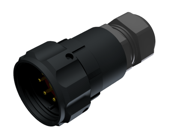 Conector multicontacto aéreo macho para soldar con retenedor de aislante con toma de masa, tamaño 30, 7 pines 25A / 50A, prensa estopas tipo C para cable Ø 11mm-21mm, anodizado negro IP68