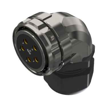 Conector multicontacto aéreo en codo, hembra crimp con toma de masa y retenedor de aislante, tamaño 40, giro 225º, 5 pines 80A, prensa estopas tipo D para cable Ø 22mm-32mm, níquel, IP68